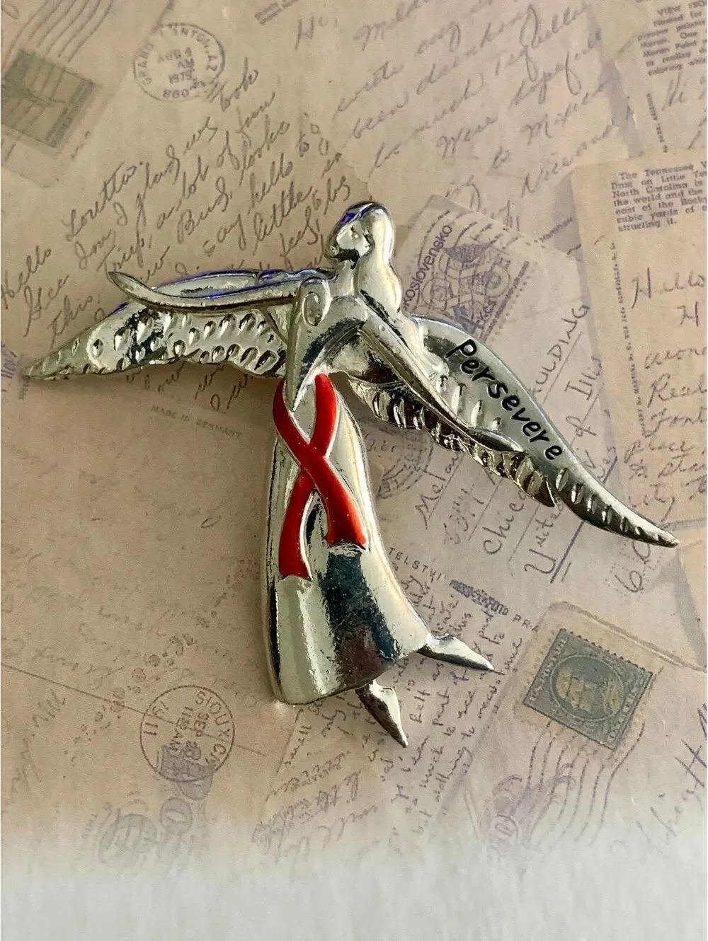 Vintage Breast Cancer Silver Bird Brooch with Red Ribbon 'Persevere' Script Pin